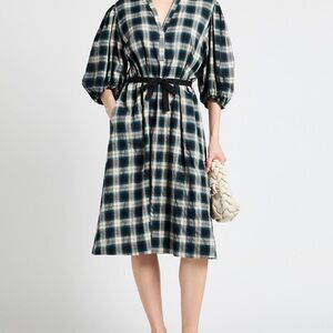 Maje Tartan 100% cotton V-Neck Midi Dress with Black Belt